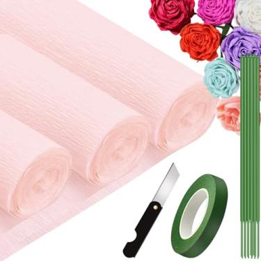 Imagem de VNAKER Rolo De Papel Crepom (24 Cm X 2,4 M/3 Rolos), Conjunto Grosso Multicolorido, Branco, Preto, Verde, Rosa Etc. Para Decoração Festa Aniversário, Casamento E Artesanato Faça Você Mesmo (Rosa Cla