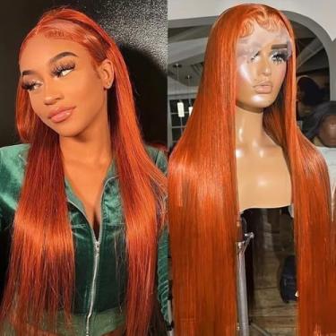 Imagem de Poysew Peruca De Renda Frontal Ruiva 24" Com Cabelo Humano 13X4 Hd Transparente Laranja Pré-Arrancada Bebê, Densidade 180%, Natural Para Mulheres