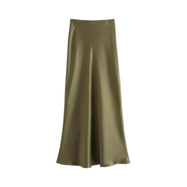 Imagem de Saia Longa de Cetim Y2K - Cintura Alta, Elegante e Midi, M, Chá verde