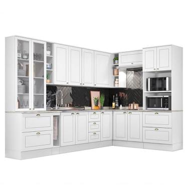 Imagem de Cozinha Completa De Canto Americana 10 Peças Com Cristaleira Branco - Móveis Henn Branco