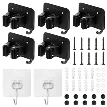 Imagem de Suporte de parede de 5 peças para esfregão com 2 ganchos adesivos, gancho de vassoura de aço inoxidável com parafuso e autoadesivo, suporte de esfregão organizador resistente para banheiro, cozinha