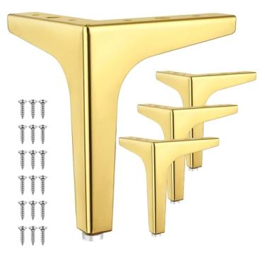 Imagem de Eumtenr 4 peças de pernas de móveis de metal de 12 cm, pernas de sofá de estilo moderno, pés triangulares dourados polidos, para armário de mesa, sofá, poltrona, pés de substituição - com protetores