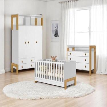 Imagem de Berço Fantasia Branco Acetinado + Cômoda 3G c/Nicho + Guarda-Roupa 3P/