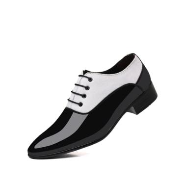 Imagem de Sapato social masculino vintage alto brilho couro envernizado Oxford terno smoking sapatos formais formatura casamentos, Branco e preto, 39