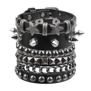 Imagem de Molirex Conjunto de 4 pulseiras de couro punk rock cravejadas para homens e mulheres acessórios góticos dos anos 80, One Size, Couro, Liga metálica.
