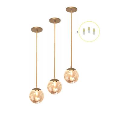 Imagem de Kit 3 Pendente Dourado Mesa Bancada Balcão Aparador + Led Vi