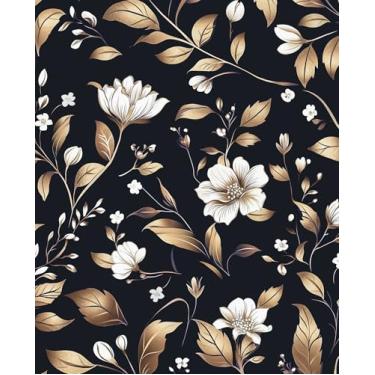 Imagem de VOLEAAR Papel de parede dourado preto, papel de parede vintage, papel de contato floral, papel de parede removível na prateleira forro de gaveta paredes de armário 44,5 cm x 998,2 cm