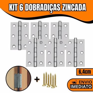 Imagem de Kit 6 Dobradiças Zincada Para Porta De Madeira 6,4cm - Orion