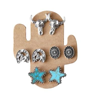 Imagem de Conjunto de brincos femininos turquesa ocidental, cabeça de gado, turquesa, chapéu de vaqueira, concho, ferradura, brincos vintage retrô, estilo faroeste, acessórios de joias de vaqueira, boêmio, Y2K