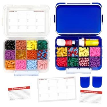 Imagem de Pacote com 2 organizadores grandes de comprimidos – azul cobalto + transparente | Estojo semanal de comprimidos com 12 compartimentos com divisórias removíveis, impermeável, adequado para viagens