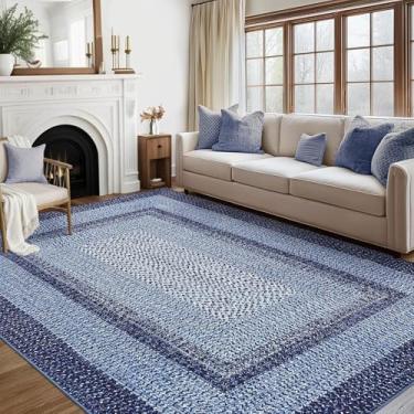 Imagem de GarveeHome Tapete de área de 20 x 25 cm, estampa trançada, lavável, grande para sala de estar, tapete rústico antiderrapante para casa de fazenda, tapete de quarto moderno (azul marinho)