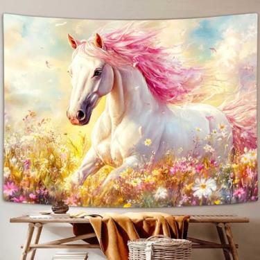 Imagem de Dizifinn Tapeçaria de cavalo, tapeçaria de animal selvagem em aquarela, tapeçaria de flor colorida rosa, decoração de casa de arte de parede para quarto sala de estar 152 x 101 cm