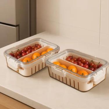 Imagem de Kit Potes Organizadores Geladeira Com Divisórias Removíveis Empilháveis | Plástico Transparente Multiuso (2 potes de duas divisórias)