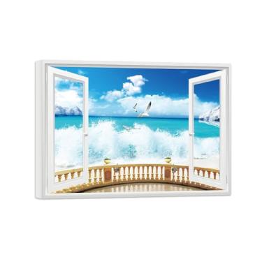 Imagem de Quadro de Parede Janela Falsa-Paisagens Impressões em Tela-Nuvens Mar Waves-Natureza Pinturas Decoração 50x70cm-19x27in Tela Embrulhada