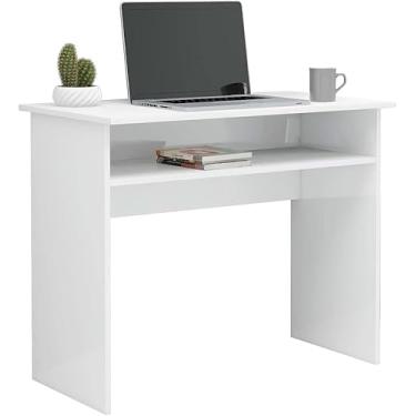 Imagem de Mesa De 90 Cm Com Prateleira De Armazenamento, Mesa De Computador Simples Moderna Mesa De Pc Para Laptop, Mesa De Estudo De Escrita Mesa De Estação De Trabalho Para Quarto, High Gloss White