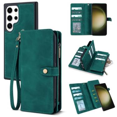 Imagem de TwoHead Capa carteira para Samsung Galaxy S23 Ultra com suporte para cartão e capa magnética destacável para Galaxy S23 Ultra, capa protetora de couro PU à prova de choque (6,8 polegadas, verde)