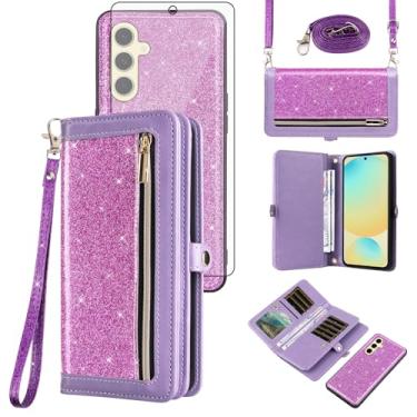 Imagem de Asuwish Capa de celular para Samsung Galaxy S24 FE 5G Carteira com zíper destacável com protetor de tela alça de cordão Bling Glitter Flip Card Slot S 24 EF AI S24FE 24S mulheres homens meninas roxo