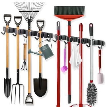 Imagem de Suporte de vassoura de parede | Organizador de esfregão de aço inoxidável resistente com 4 prateleiras e 5 ganchos para cozinha, banheiro, garagem, jardim e lavanderia | Rack de ferramentas de limpeza