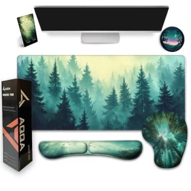 Imagem de AQQA Almofada de mesa e apoio de pulso para teclado, mouse pad grande + teclado + suporte de pulso para mouse + porta-copos + suporte para celular, protetor de tapete de mesa antiderrapante para