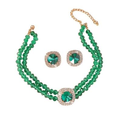 Imagem de Dtja Conjunto de colar e brinco de gargantilha redonda de cristal com 2 peças, joia de declaração para mulheres, brincos de zircônia cúbica para fantasia de baile de casamento, 38 cm, 5 cores, Medium