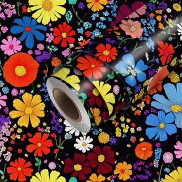 Imagem de HOMETITUTE Papel de parede colorido de campo de flores silvestres descasque e cole papel de parede de contato 45 cm x 300 cm cobertura de parede de vinil autoadesivo quarto cozinha banheiro