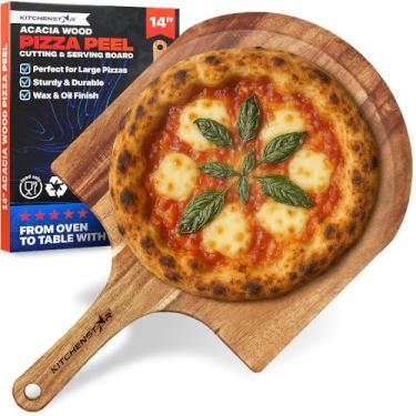 Imagem de KitchenStar Casca de pizza de madeira de acácia de 35,5 cm (14 polegadas) – tábua grande de madeira para cortar e servir com alça – Acabamento em óleo natural – Acessório ideal para forno de pizza