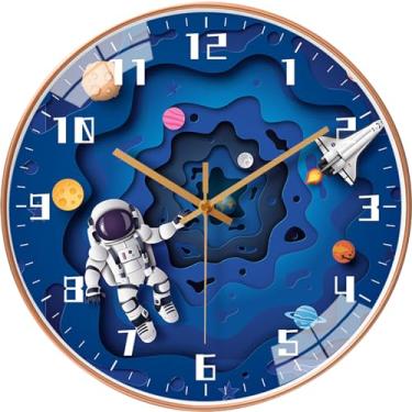 Imagem de YHan Relógio de parede silencioso de 30,5 cm para crianças – Relógio temático espacial sem tique-taque com números grandes – Funciona com bateria, fácil de ler, perfeito para quarto, escola, quarto de