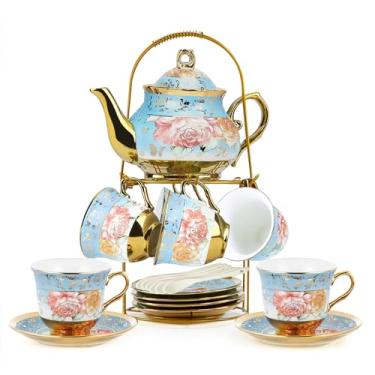 Imagem de Conjunto de chá de porcelana europeia de 20 peças com suporte de metal, xícaras e pires de chá florais vintage, design de flores banhadas a ouro - serve 6, conjunto de chá elegante para adultos e
