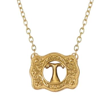 Imagem de SENFAI Colar com fivela de cinto em ouro 14K, estilo ocidental, com pingente de letra inicial, design decorativo com fivela de cinto, Small, Latão, Sem Pedra Preciosa