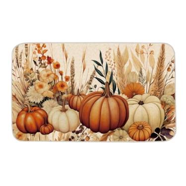 Imagem de ONWAY Tapete de porta de outono, tapete de abóbora com folhas de trigo, decoração de ação de graças, discreto, interior, exterior, outono, tapete de boas-vindas 43 x 73 cm