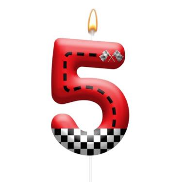 Imagem de Vela de aniversário com tema de carro de corrida com design de bandeira quadriculada - Topo de bolo durável para decorações de festa de carro de corrida, suprimentos de aniversário - Vela número 5