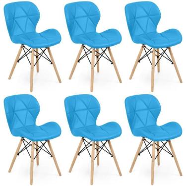 Imagem de Kit 06 Cadeiras Charles Eames Eiffel Slim Wood Estofada - Azul