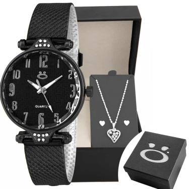 Imagem de Relógio Feminino Preto Pulseira Silicone Ajustável + Colar + Brincos - Aço Inoxidável -...