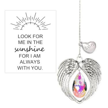 Imagem de Presentes de simpatia para a perda do filho, apanhador solar de asa de anjo de cristal memorial com pingente de coração, pingente de prisma arco-íris, presente de luto de simpatia