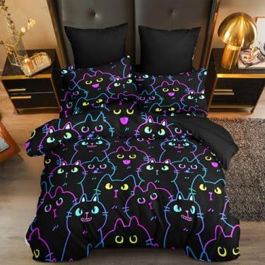 Imagem de CCoutueChen Conjunto de capa de edredom de gato colorido, solteiro, estampa de gato neon vibrante, com fronhas, microfibra macia, decoração de quarto de crianças e adolescentes