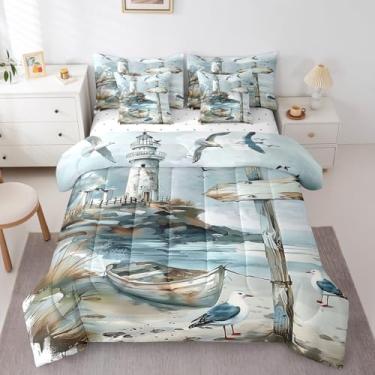 Imagem de jejeloiu Conjunto de edredom com tema oceano, tamanho king, 7 peças, verão, veleiro, farol de gaivota, para meninos e meninas, praia havaiana, mar, cenário natural, decoração de quarto