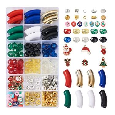 Imagem de Spritewelry Kit de contas de Natal com 230 contas de tubo de acrílico para pulseira de bambu, contas soltas de macarrão grosso com pingentes de esmalte de Natal e contas espaçadoras e anéis de salto e