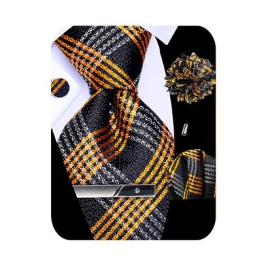 Imagem de Kerfado Conjunto de gravata masculina de seda com bolso e abotoaduras quadradas e broche de lapela, 3.35"