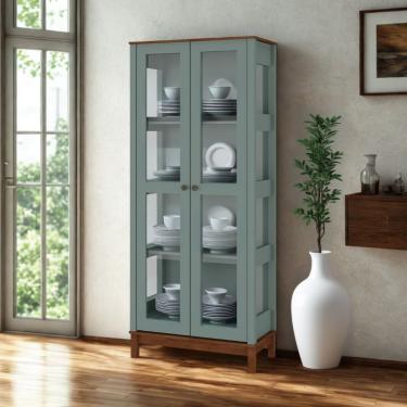 Imagem de Cristaleira Moderna De Madeira 2 Portas Com Pés Retos - Verde Menta Com Tampo E Base Imbuia Glazer