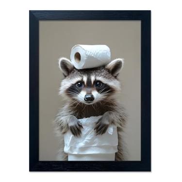 Imagem de Arte de parede emoldurada de banheiro preto e branco pequeno guaxinim com rolo de papel higiênico impressão em tela engraçada decoração de banheiro pintura de arte para parede