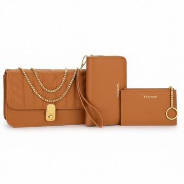 Imagem de Kit Bolsa feminina 3 em 1, Bolsa Transversal Matelassê com Alça Corrente Dourada, Carteira e Porta-Cartões, Acabamento -Cor Marrom