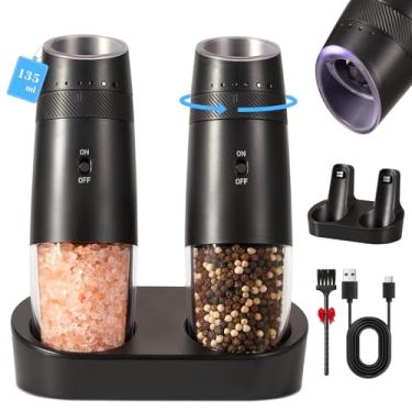 Imagem de Conjunto de moedor elétrico de sal e pimenta: Moedor de pimenta recarregável de 135 ml com base de carregamento USB e luz LED - 6 pimenteiros ajustáveis para cozinha, churrasco e inauguração de casa