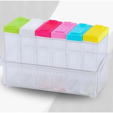 Imagem de Conjunto de Porta Temperos e Condimentos em Acrílico 6 Potes com Tampa Colorida Organizador para Cozinha