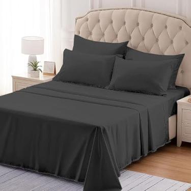 Imagem de Mattress-Homes Jogo de cama queen size de 6 peças com 4 fronhas, lençóis 100% algodão ultramacios, tecido de cetim refrescante, conjunto de lençóis de cama luxuosos, cinza escuro sólido