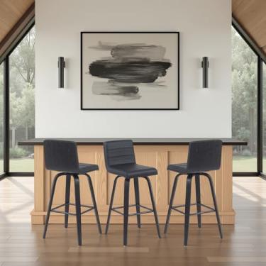 Imagem de Banqueta giratória moderna Vienna com assento de couro sintético preto e moldura de madeira escovada preta conjunto de 3