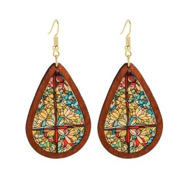 Imagem de Brincos femininos de lágrima de madeira boêmia, feitos à mão, acrílico, colorido, igreja, artista, geométrico, flor, folha, cruz, joias vintage retrô, Medium, Acrílico, Sem pedra preciosa