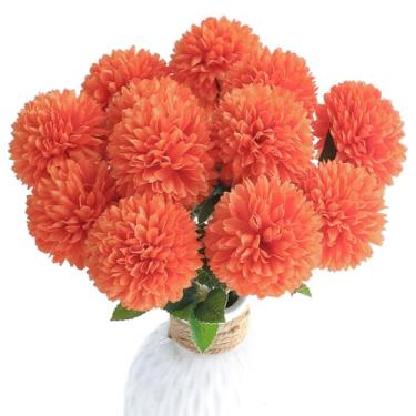 Imagem de Floroom 12 peças de flores artificiais de seda sintética laranja queimada, crisântemos falsos com hastes para buquês de casamento, mesa, centros de mesa, arranjos florais, enchimentos, decorações de