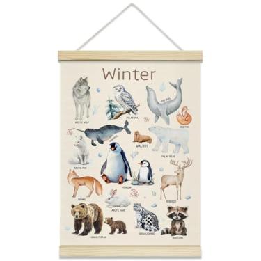 Imagem de rizotus Moldura de cabide de pôster educacional de vida selvagem de inverno, pôsteres de arte de parede de animais do ártico, moldura de cabide para sala de estar, quarto, sala de aula, sala de jogos