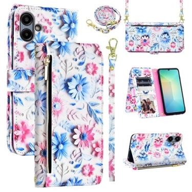 Imagem de Dswteny Capa carteira para Samsung Galaxy A06 5G com alça de pulso removível, zíper floral couro PU suporte para cartão acessórios capa de celular para Ao6 A 06 4G LTE mulheres homens rosa