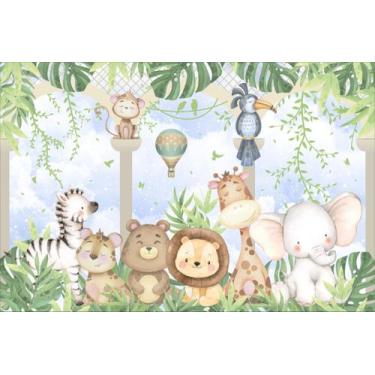 Imagem de Painel em Tecido Sublimado Animais Safari Balão Folhas Aquarela Cute -